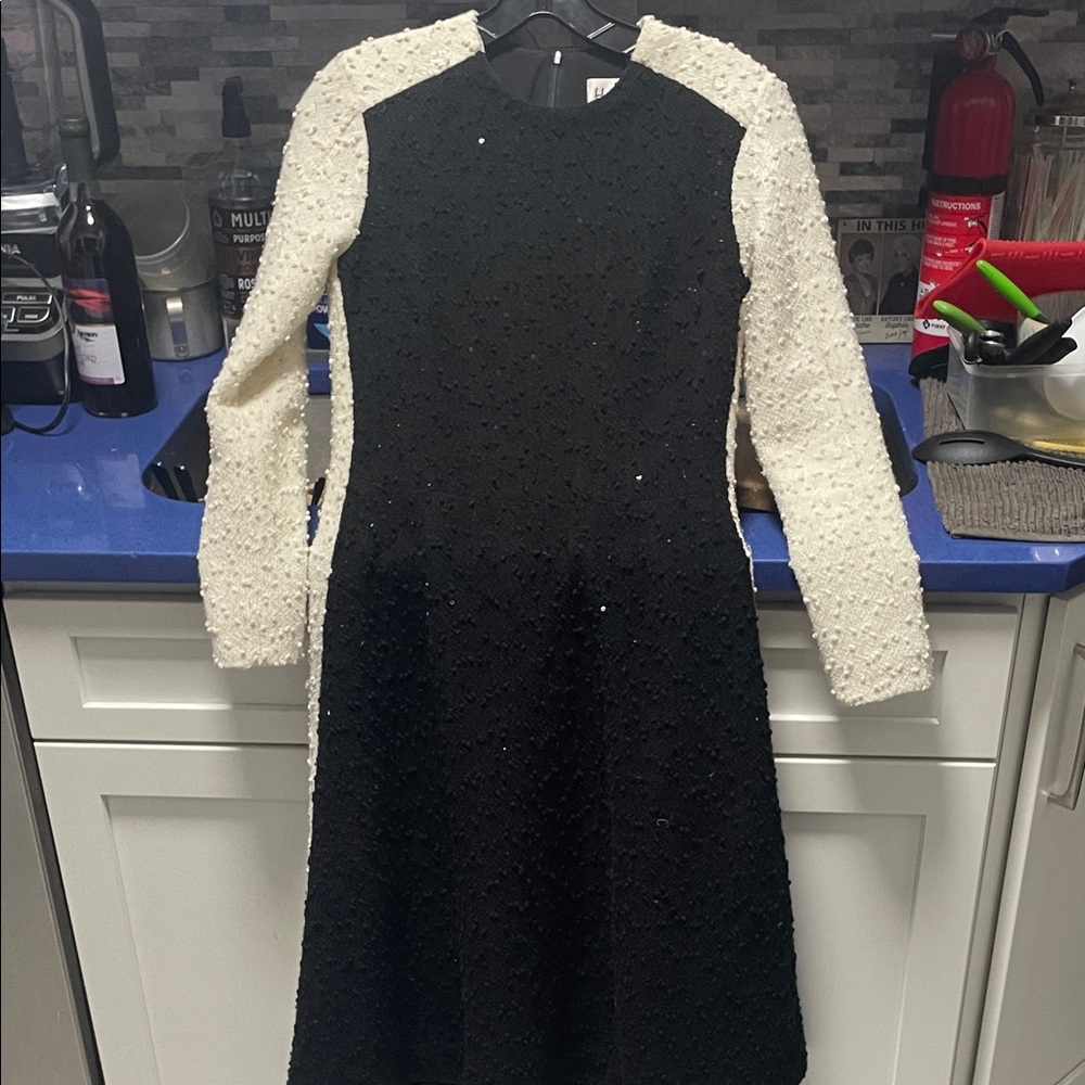 Elegant Two-Tone Long Sleeve A-Line Dress - Black & Ivory